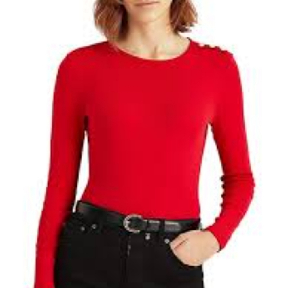 Lauren Ralph Lauren Red Ribbed Long sleeve Top with button details